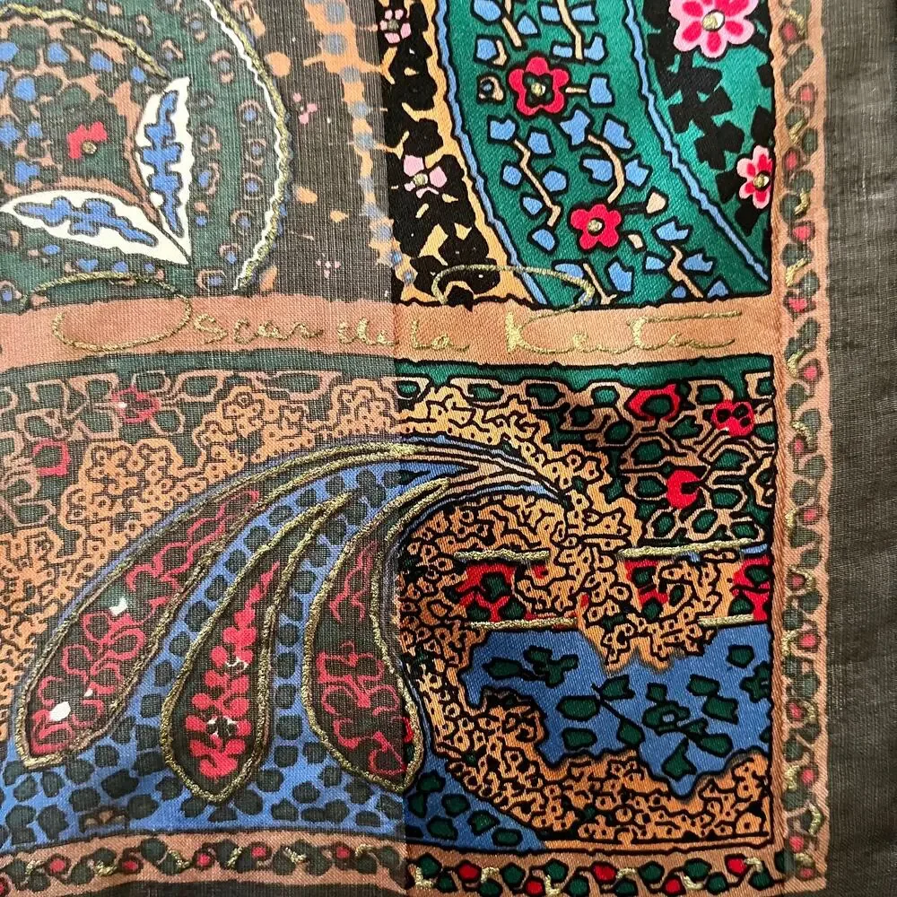 Oscar de la Renta Vintage Jewel Tone Paisley Metallic Gold Silk Fringe Scarf